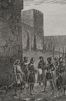 James and Charles of Anjou agreeing a truce next the walls of Gaeta, 1289 (1890). Creator: Unknown