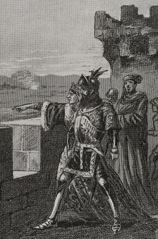 James and his mother on the battlement of the walls of Balaguer, 1413, (1890). Creator: Unknown
