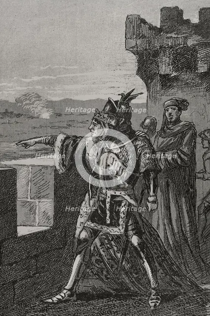 James and his mother on the battlement of the walls of Balaguer, 1413, (1890).  Creator: Unknown.