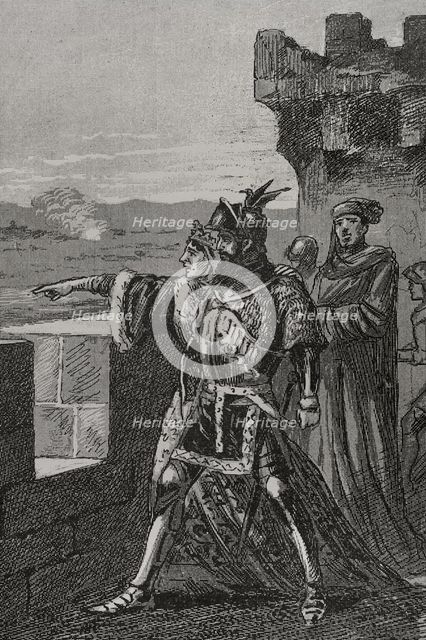 James and his mother on the battlement of the walls of Balaguer, 1413, (1890).  Creator: Unknown.