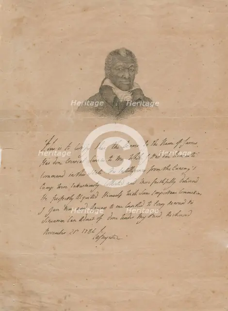 James Armistead Lafayette - Facsimile of the Marquis de Lafayette's original certificate..., 1784. Creator: Unknown.