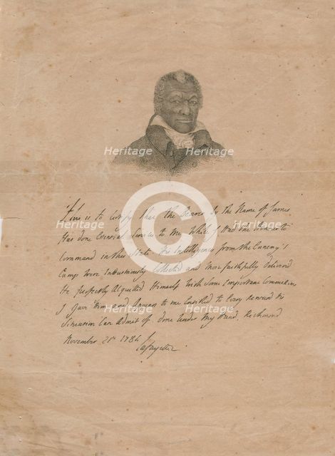 James Armistead Lafayette - Facsimile of the Marquis de Lafayette's original certificate..., 1784. Creator: Unknown.