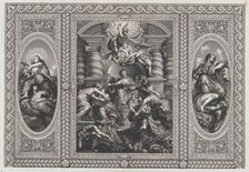 James I appointing Charles as King of Scotland at center, Minerva spearing Ignorance at ri..., 1720. Creator: Simon Gribelin