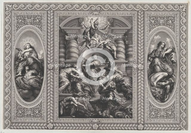 James I appointing Charles as King of Scotland at center, Minerva spearing Ignorance at ri..., 1720. Creator: Simon Gribelin.