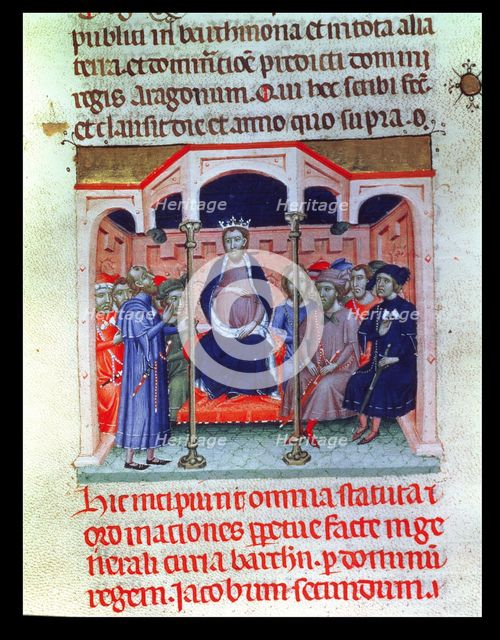 James II The Fair (1267-1327), King of Aragon and Catalonia presiding the Courts of Barcelona. Mi…