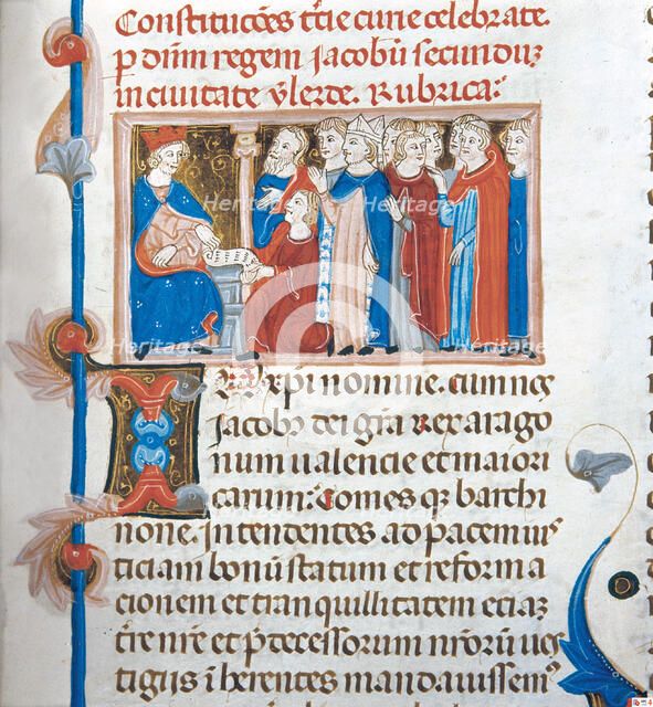 James II the Just (1291 - 1327) in the act of approving the constitutions agreed in the Courts of…