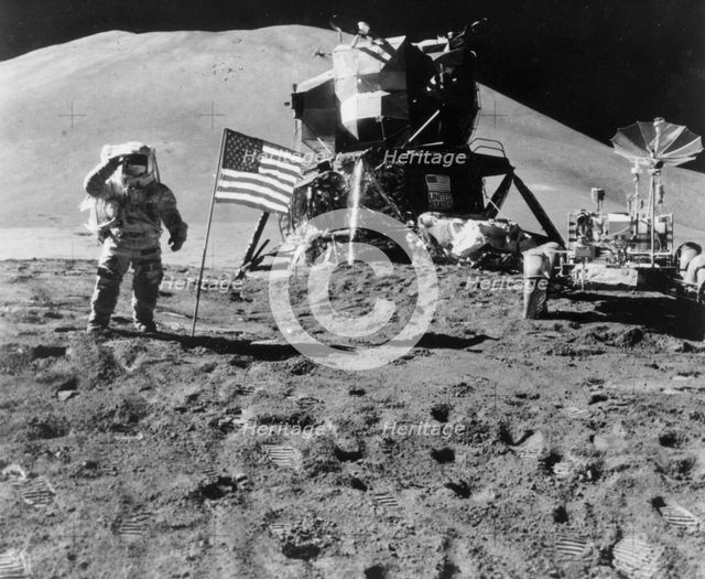 James Irwin (1930-1991) salutes the American flag during the Apollo 15 mission, 1971. Artist: Unknown
