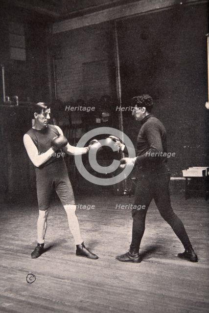 James J Corbett, American boxer, training with Jim Kennedy, 1900.  Creator: Unknown.