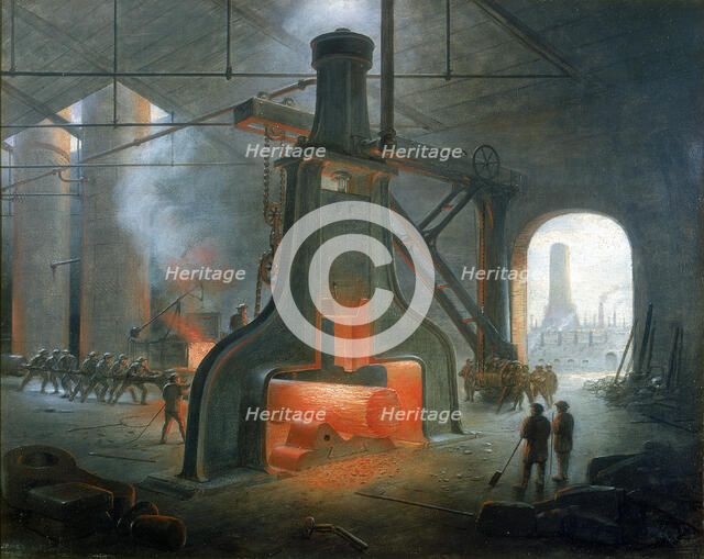 James Nasmyth's steam hammer erected in his foundry near Manchester in 1832. Artist: James Nasmyth