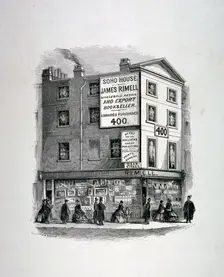 James Rimell's bookshop, Soho House, corner of Dean Street and Oxford Street, London, c1860. Artist: Anon