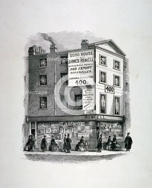 James Rimell's bookshop, Soho House, corner of Dean Street and Oxford Street, London, c1860. Artist: Anon