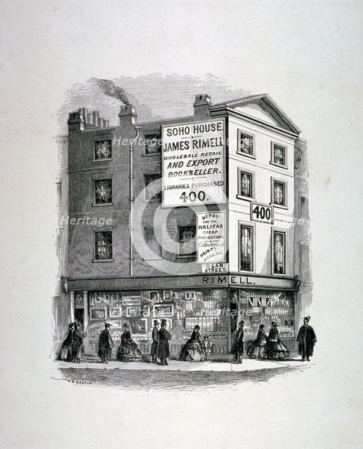 James Rimell's bookshop, Soho House, corner of Dean Street and Oxford Street, London, c1860. Artist: Anon