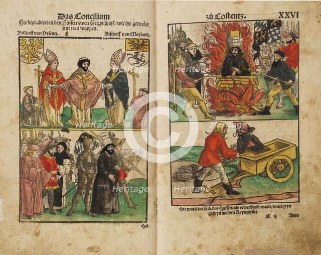 Jan Hus delivered over to the secular power. Jan Hus burned at the stake, and his ashes..., 1538. Creator: Breu; Jörg; the Younger (1510-1547).