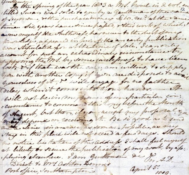 Jane Austen's draft copy of a letter to her publisher, Richard Crosby, 5 April 1809. Creator: Jane Austen.