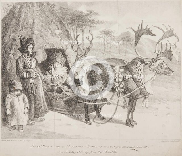 'Jannes Holm a Native of Norwegian Lapland, with his Wife & Child, Rein Deer &c', 1822.  Creator: Denis Dighton.