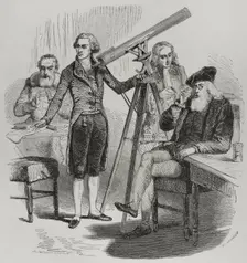 Janssen and his lenses, Galileo and his glasses, Newton and Herschel with their telescopes, 1856. Creator: Paul Perrichon