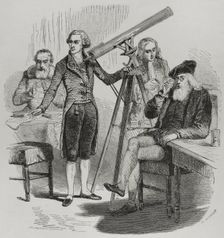 Janssen and his lenses, Galileo and his glasses, Newton and Herschel with their telescopes, 1856. Creator: Paul Perrichon