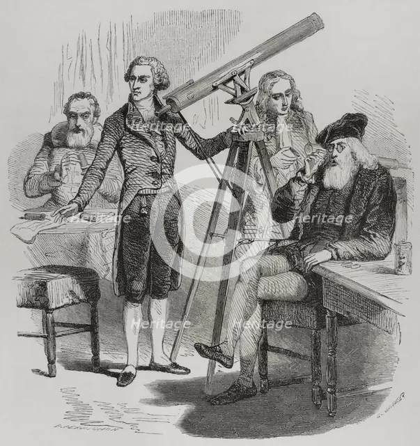 Janssen and his lenses, Galileo and his glasses, Newton and Herschel with their telescopes, 1856.  Creator: Paul Perrichon.