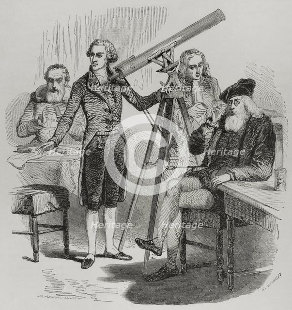 Janssen and his lenses, Galileo and his glasses, Newton and Herschel with their telescopes, 1856.  Creator: Paul Perrichon.