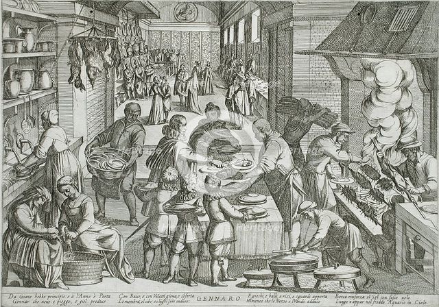 January: A Kitchen, published 1599. Creator: Antonio Tempesta.
