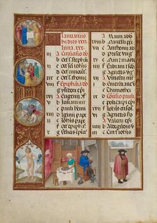January Calendar Page: Feasting and Warming: Aquarius; Spinola Hours, about 1510-1520. Creator: Workshop of Master of the First Prayer Book of Maximilian