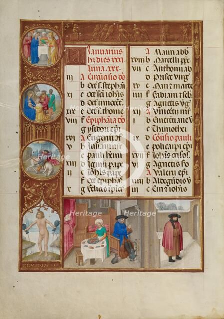 January Calendar Page: Feasting and Warming: Aquarius; Spinola Hours, about 1510-1520. Creator: Workshop of Master of the First Prayer Book of Maximilian.