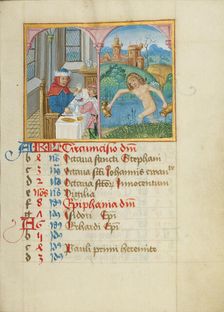 January Calendar Page; Feasting; Aquarius; Book of Hours, early 16th century. Creator: Unknown