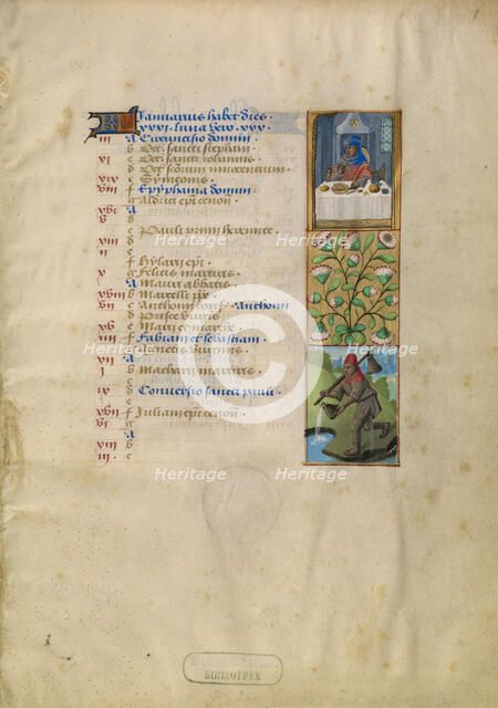January Calendar Page; Feasting; Aquarius; Katherine Hours, about 1480-1485. Creator: Unknown.