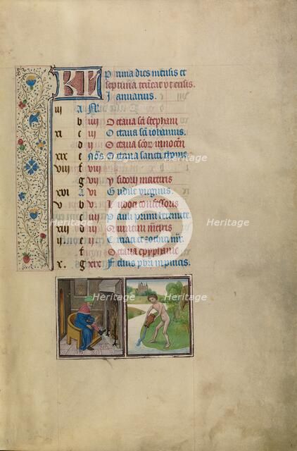 January Calendar Page: Keeping Warm: Aquarius; Arenberg Hours, early 1460s. Creator: Workshop of Willem Vrelant.