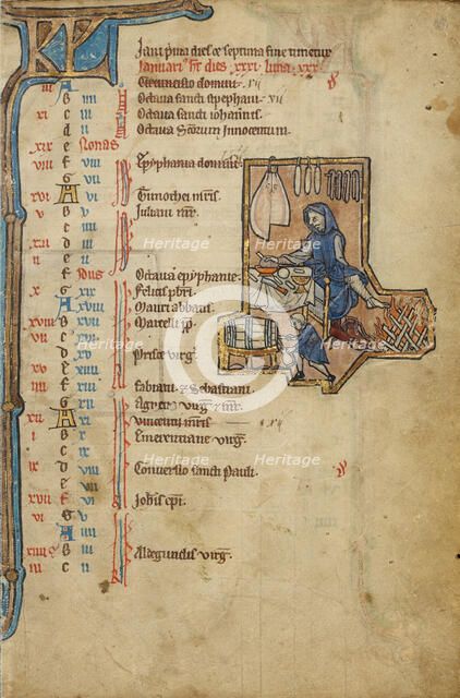 January Calendar Page; Keeping Warm; Psalter, mid-1200s. Creator: Unknown.