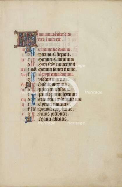 January Calendar Page; Llangattock Hours, 1450s. Creator: Unknown.