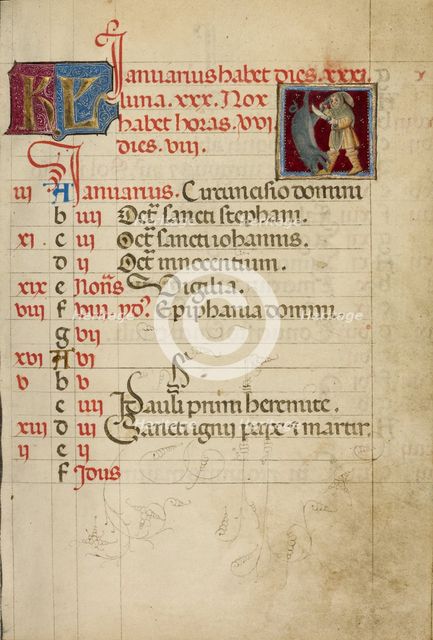 January Calendar Page; Slaughtering a Pig; Book of Hours, about 1460. Creator: Unknown.