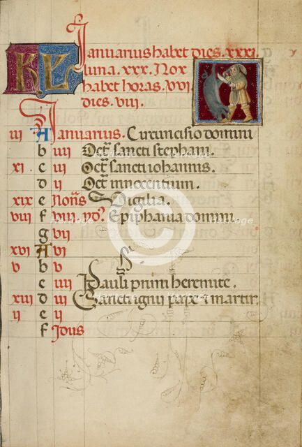 January Calendar Page; Slaughtering a Pig; Book of Hours, about 1460. Creator: Unknown.