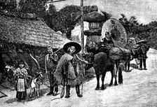 Japan. Chinese-Japanese War. Japanese villagers carrying supplies for the army. Engraving from 1894