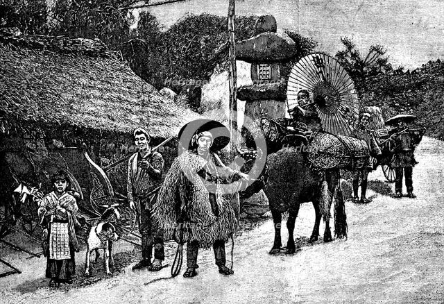 Japan. Chinese-Japanese War. Japanese villagers carrying supplies for the army. Engraving from 1894.