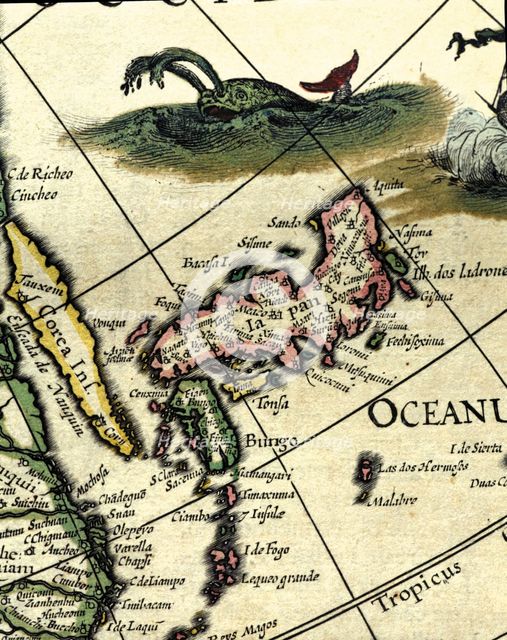 Japan and Korea, colored engraving from the book 'Le Theatre du monde' or 'Nouvel Atlas', 1645, c…