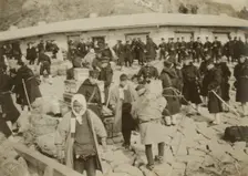 Japanese cavalry troops watching over their supplies on the beach at Chemulpo, 1904. Creator: Robert Lee Dunn