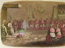 Japanese Ambassadors kneel at the feet of Pope Gregory XIII in 1585, engraving, 1850