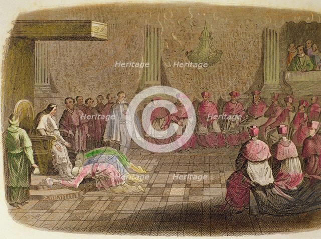 Japanese Ambassadors kneel at the feet of Pope Gregory XIII in 1585, engraving, 1850.