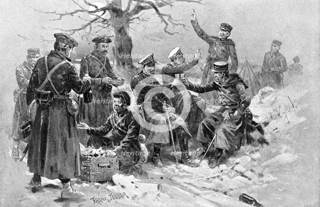 Japanese and Russian soldiers fraternising, Russo-Japanese War, 1904-5. Artist: Unknown