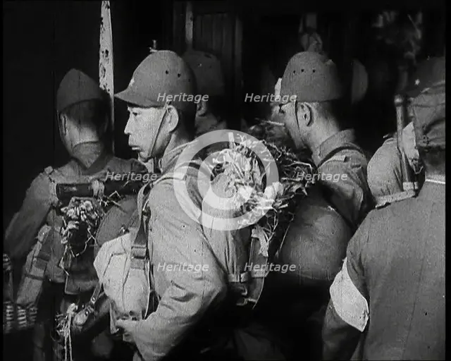 Japanese Army Soldiers Wearing Uniforms With Packs and Personal Equip...,1937. Creator: British Pathe Ltd.