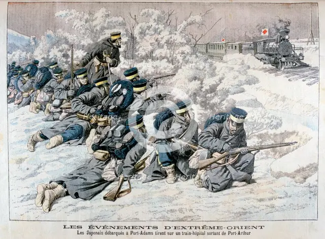 Japanese attack on a hospital train near Port Arthur, Manchuria, Russo-Japanese War, 1904. Artist: Unknown