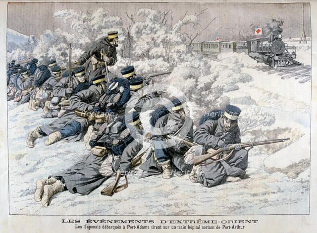 Japanese attack on a hospital train near Port Arthur, Manchuria, Russo-Japanese War, 1904. Artist: Unknown