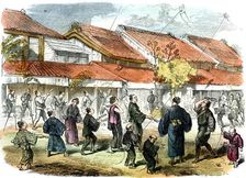 Japanese game of battledore and shuttlecock in the streets of Yokohama, 1865