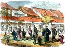 Japanese game of battledore and shuttlecock in the streets of Yokohama, 1865