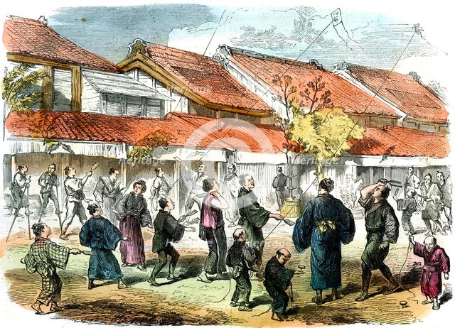 Japanese game of battledore and shuttlecock in the streets of Yokohama, 1865. Artist: Unknown