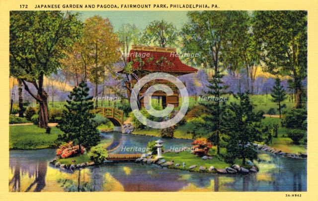 Japanese garden and pagoda, Fairmont Park, Philadelphia, Pennsylvania, USA, 1933. Artist: Unknown