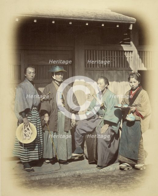 Japanese Escort Officers in Front of a Teahouse, about 1868. Creator: Felice Beato.