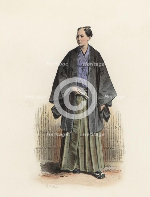 Japanese officer in street clothes, color engraving 1870.
