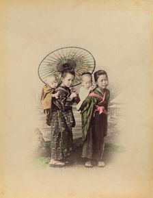 Japanese Mother with Her Three Children, 1870s-1890s. Creator: Kusakabe Kimbei